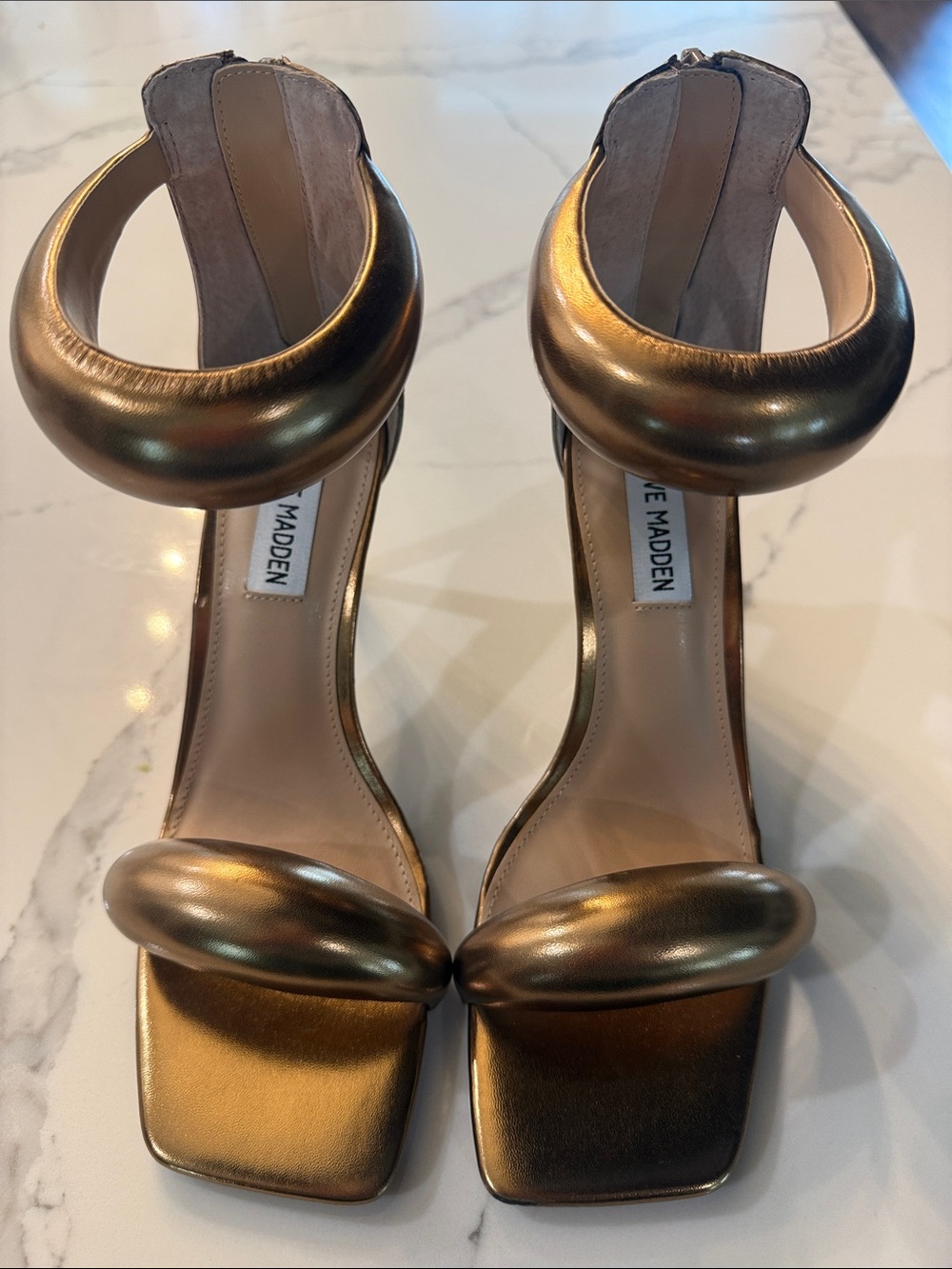 Steve Madden Metallic Bronze-Gold Sculpted Ankle Strap Heels